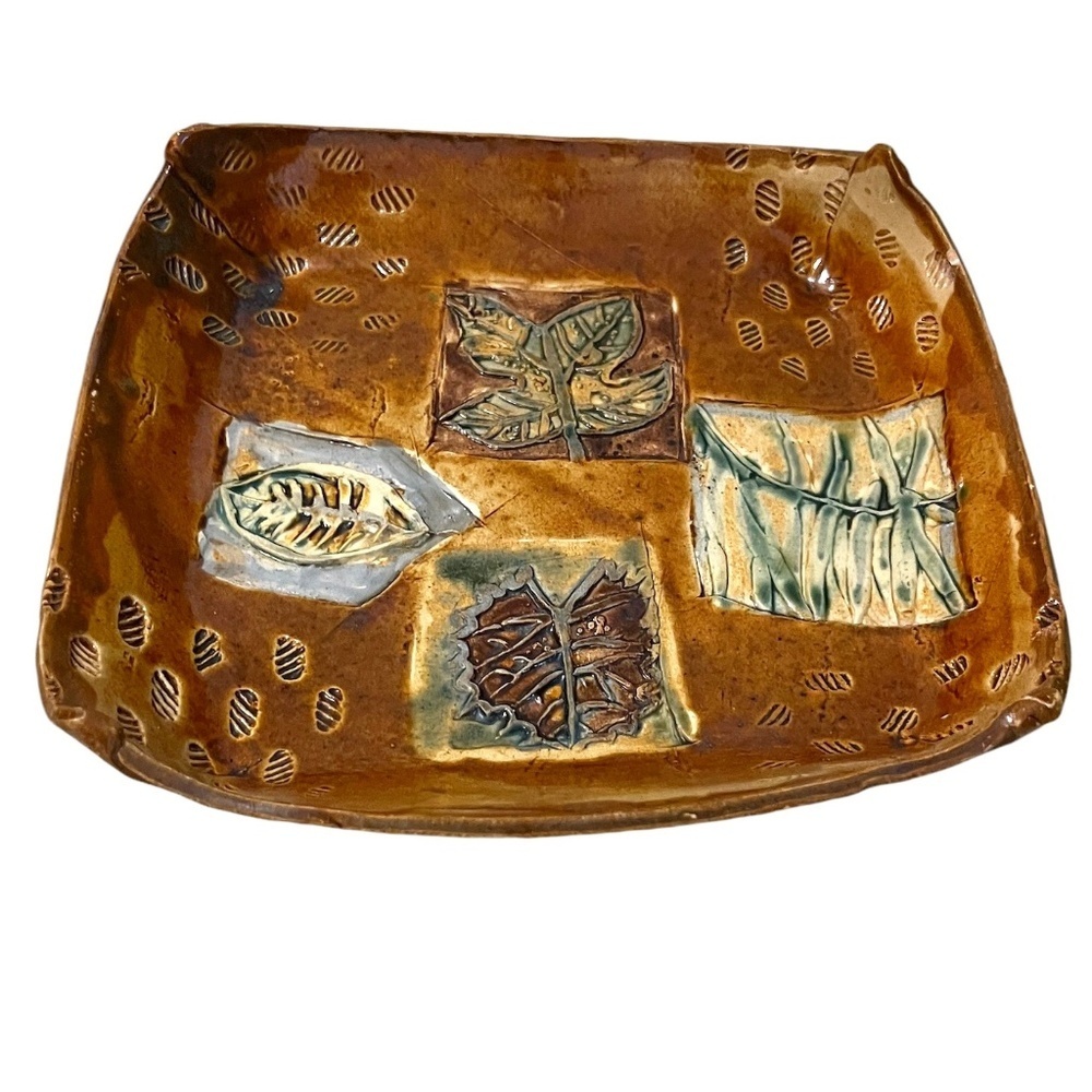 Large Botanical Square Stoneware Pottery Dish Deep Amber Ceramic Dish